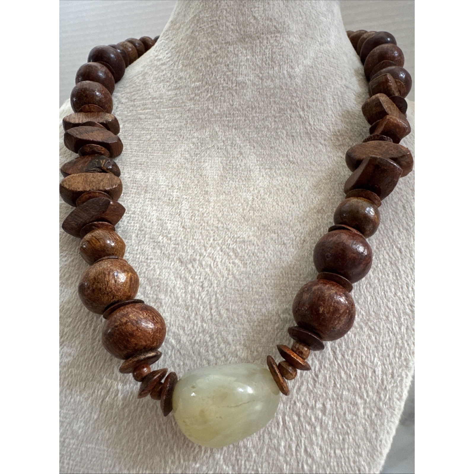 Boho Wood Bead Necklace Pale Green Serpentine Stone Pendant, Chunky Natural
